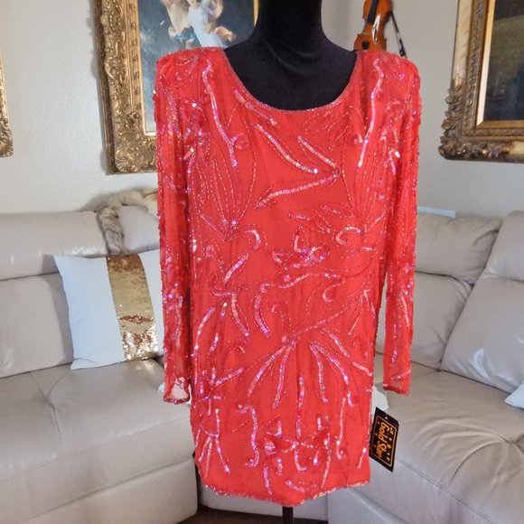 100% SILK SEQUIN BEADED BOHO COCKTAIL PARTY TOP M - Picture 3 of 14